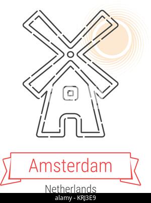 Amsterdam, Paesi Bassi linea del vettore Icona con nastro rosso isolato su bianco. Punto di riferimento di Amsterdam - Emblema - Stampa - Etichetta - Simbolo. Pittogramma di mulino a vento Illustrazione Vettoriale