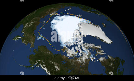 Questa visualizzazione mostra la misura del Mare Artico ghiaccio su agosto 26, 2012, il giorno in cui il mare di ghiaccio immerso alla sua estensione più piccola mai registrata in più di tre decenni di misurazioni satellitari, secondo gli scienziati della NASA e il livello nazionale di neve e ghiaccio del centro dati. I DATI DA PARTE DEGLI STATI UNITI Defense Meteorological Satellite del Programma speciale sensore microonde/Imager. La linea sull'immagine mostra la media minima misura dal periodo 1979-2010, come misurato dai satelliti. Ogni estate l'Artico tappo di ghiaccio fonde fino a ciò che gli scienziati chiamare la sua "minimo" prima che arrivi il tempo più freddo costruisce la Foto Stock