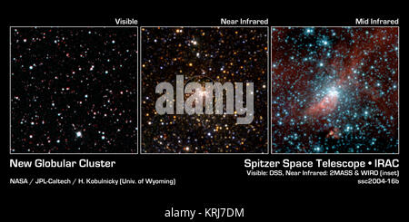Questo mosaico di immagini mostra la stessa patch del cielo in varie lunghezze d'onda di luce. Mentre la luce visibile (immagine a sinistra) mostra un cielo scuro screziati di stelle, immagini a infrarossi (al centro e a destra), rivelano un mai visto prima del fascio di stelle, chiamato un cluster globulari. Il pannello di sinistra è dall'Istituto di Tecnologia della California è digitalizzato Sky Survey; il pannello centrale include le immagini dalla NASA-finanziato due micron All-Sky sondaggio e la University of Wyoming osservatorio a raggi infrarossi (cerchio inset); e il pannello di destra viene dalla NASA il telescopio spaziale Spitzer. Ammassi globulari risalgono alla nascita di o Foto Stock