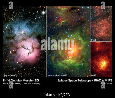 Questa immagine composita confronta il ben noto di luce visibile immagine dell'incandescente Trifid Nebula (pannello di sinistra) con infrarossi viste dalla NASA il telescopio spaziale Spitzer (restanti tre pannelli). La Trifid Nebula è un gigante star-la formazione di nubi di gas e polvere si trova a 5.400 anni-luce di distanza nella costellazione del Sagittario. Il falso colore immagini Spitzer rivelano un lato diverso del Trifid Nebula. Dove vicoli bui di polvere sono visibili trisecting la nebulosa in luce visibile, immagini luminose regioni di star-attività di formazione sono visibili nelle immagini Spitzer. Tutti insieme, Spitzer ha scoperto la massa 30 Foto Stock