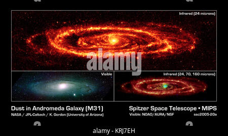 NASA il telescopio spaziale Spitzer ha catturato a infrarossi incredibili vedute della famosa galassia di Andromeda di rivelare informazioni che erano solo accennato in luce visibile. Spitzer del 24-micron mosaico (pannello superiore) è la massima nitidezza delle immagini mai la presa della polvere in un'altra galassia a spirale. Questo è possibile perché Andromeda è un vicino alla Via Lattea ad una mera 2,5 milioni di anni luce di distanza. Il multibanda Spitzer imaging del fotometro 24-micron detector registrati 11.000 istantanee separate per creare questa nuova immagine completa. Caratteristiche asimmetriche sono visti nell'anello di spicco della formazione stellare. Il Foto Stock