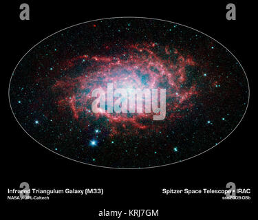 Uno dei nostri più stretti vicini galattico mostra la sua straordinaria bellezza di questa nuova immagine dalla NASA il telescopio spaziale Spitzer. M33, noto anche come il Triangulum Galaxy, è un membro di ciò che è noto come il nostro gruppo locale di galassie. Insieme con la nostra Via Lattea, questo gruppo viaggia insieme nell'universo, come essi sono gravitationally bound. Infatti, M33 è uno dei pochi galassie che si sta spostando verso la Via Lattea nonostante il fatto che lo spazio stesso è in espansione, causando la maggior parte delle galassie nell'universo di crescere più lontano e più oltre. Quando osservata con dello Spitzer gli occhi a infrarossi, questa elegante galax a spirale Foto Stock