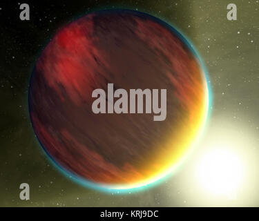 La chimica di base per la vita è stata rilevata in un secondo gas caldo il pianeta HD 209458b, rappresentati in questo artista del concetto. Due della NASA grandi osservatori - il telescopio spaziale Hubble e il telescopio spaziale Spitzer, hanno fornito osservazioni spettrali che ha rivelato le molecole di biossido di carbonio, metano e vapore acqueo in l'atmosfera del pianeta. HD 209458b, più grande di Giove, occupa uno stretto, 3,5-giorno in orbita intorno a un sun-come star circa 150 anni luce di distanza nella costellazione Pegasus. Pianeti come questo in cui cerchio stelle al di là del nostro sole, sono chiamati esopianeti. La nuova ricerca segue il DATEC Foto Stock