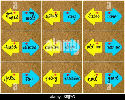 Antonym concetti scritti sulle frecce opposte Foto Stock