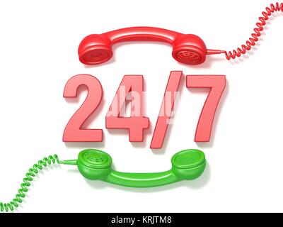 24 ore al giorno 7 giorni la settimana segno. Retrò rosso e verde i ricevitori del telefono. 3D Foto Stock