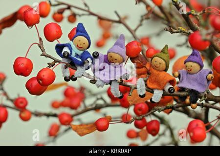 quattro gnomi sono seduti nell'albero di mele bonsai Foto Stock