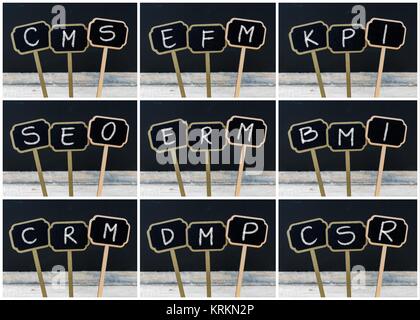 Photo Collage di business degli acronimi scritto con un gessetto su legno mini etichette di Blackboard Foto Stock