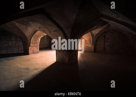 Mandu India, rovine afghano di islam unito, palazzo interno, monumento moschea musulmana e la tomba. Sunshine dalla porta nel corridoio scuro. Foto Stock