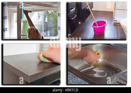 Immagine è divisa in 4 sezioni che riguardano i lavori di casa Foto Stock