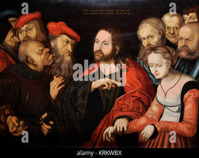Seguace di Lucas Cranach il Vecchio (XVI secolo). Cristo e la donna presa in adulterio, 1531. Galleria Nazionale. Oslo. La Norvegia. Foto Stock