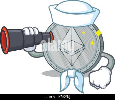 Marinaio con Ethereum binoculare coin personaggio cartoon Illustrazione Vettoriale