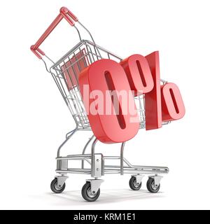 0% - zero percento di sconto nella parte anteriore del carrello. Il concetto di vendita. 3D Foto Stock