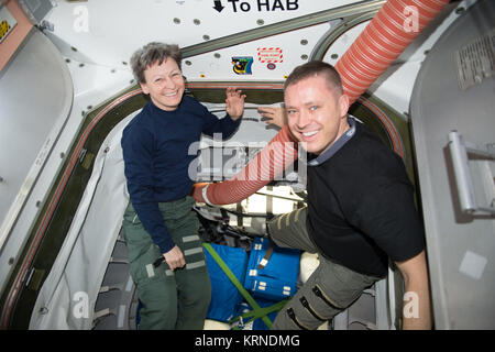 ISS-52 Peggy Whitson e Jack Fischer sono foto di imballaggio su cambio Foto Stock
