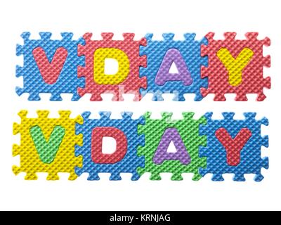 Parola vday disposto con la lettera i pezzi del puzzle Foto Stock