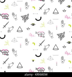 Doodle hipster tattoo flash stile vettore seamless pattern. Illustrazione Vettoriale