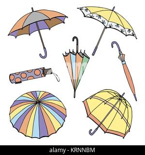 Disegnata a mano illustrazione vettoriale di ombrelli, isolato su sfondo bianco. Schizzo. Illustrazione Vettoriale