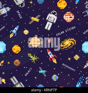 Spazio modello seamless sfondo, alien spaceman, robot di rucola e cubetti di satellite del sistema solare pianeti pixel art, digital vintage stile di gioco. Mercurio, Venere, Terra e Marte, Giove, Saturno. Illustrazione Vettoriale