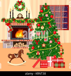 Natale camera decorata con albero di natale, camino Foto Stock