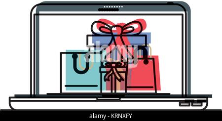 Computer portatile vista frontale con confezioni regalo e borse per lo shopping nella schermata in silhouette ad acquerello Illustrazione Vettoriale