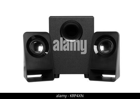 Un computer dotato di altoparlanti con subwoofer isolato su bianco Foto Stock