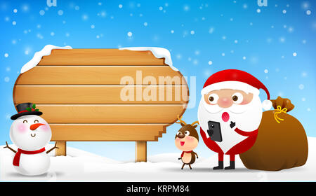 Christmas Santa Claus pupazzo di neve e renne cartoon sorridere di fronte del grande vuoto cartello in legno con spazio copia illustrazione vettoriale EPS10 001 Foto Stock