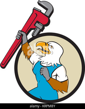 Plumber Eagle sollevando una chiave per tubi cerchio Cartoon Foto Stock
