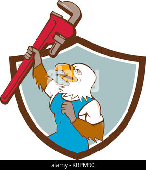 Eagle idraulico sollevando una chiave per tubi Crest Cartoon Foto Stock