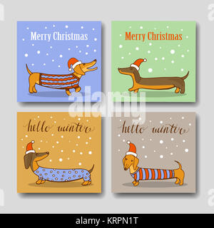Cartoline natalizie con divertenti bassotto. Cartoon Foto Stock