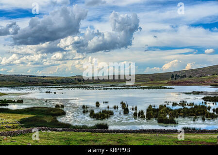 Lago su highland con reed verde sotto bianco e grigio nuvole Foto Stock