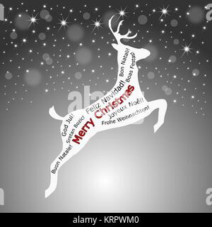 Argento decorativo Merry Christmas wordcloud su un - di renne - illustrazione Foto Stock