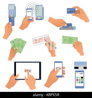 Per tutti i pagamenti di business: mani carte, terminale POS, verifica della firma, online e accesso wireless a pagamento, mano con denaro Illustrazione Vettoriale