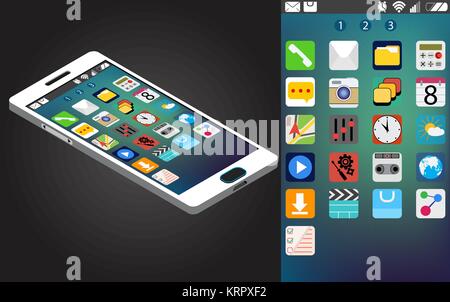 Vector isometrica dello smartphone generico e di interfaccia con le icone delle app - illustrazione vettoriale Illustrazione Vettoriale