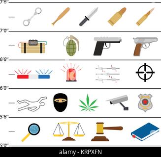 Le icone della criminalità in colori piatti stile e lineup di polizia Illustrazione Vettoriale