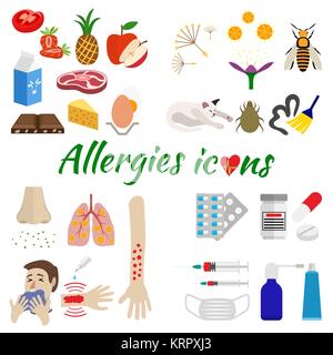 Le icone sono allergiche suddivisi per categoria su allergeni, i sintomi ed il trattamento. isolato su sfondo bianco Illustrazione Vettoriale