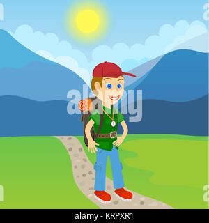 Uomo giovani turisti con zaino in piedi su un percorso a piedi della montagna Illustrazione Vettoriale