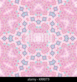 Geometrica astratta sfondo senza giunture. Ornamento regolari con rosa e viola elementi floreali e light blue diamond pattern, caleidoscopio. Foto Stock