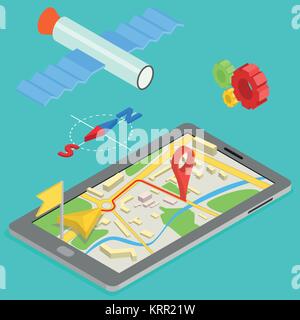 Illustrazione del GPS nel telefono mobile che mostra la cartina del percorso - illustrazione isometrica Illustrazione Vettoriale