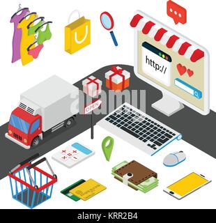 Mobile shopping concetto isometrica con elementi correlati su sfondo bianco illustrazione vettoriale Illustrazione Vettoriale