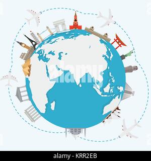Il concetto di viaggiare in tutto il mondo. Celebri punti di riferimento internazionali Illustrazione Vettoriale