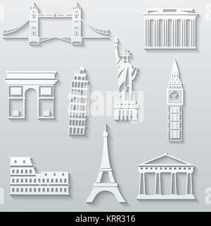 I punti di riferimento del mondo, astratto carta piatto set di icone - Big Ben, Tower Bridge, la Statua della Libertà, Torre Pendente, Eiffel, Colosseo, il Partenone, Brandenbur Illustrazione Vettoriale