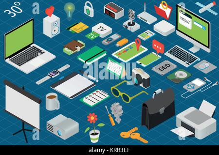 Grande set di volumetriche isometrica delle icone su un tema della tecnologia del computer e apparecchiature per ufficio. Illustrazione Vettoriale