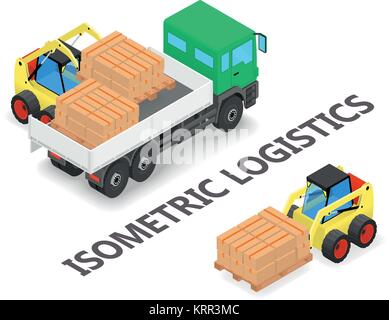 Logistica isometrica - Processo di carico e scarico dei carrelli con un carrello elevatore a forche - illustrazione isometrica Illustrazione Vettoriale
