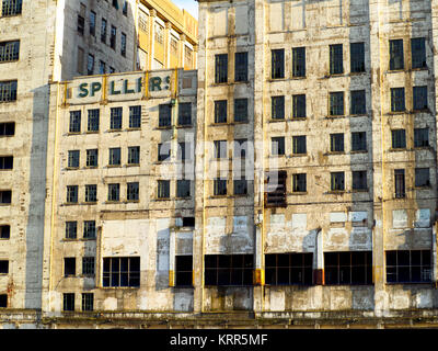 Il Millennium Mills è una volta abbandonati del xx secolo mulino di farina in West Silvertown sul lato sud del Royal Victoria Dock - Londra, Inghilterra Foto Stock