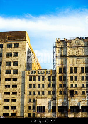 Il Millennium Mills è una volta abbandonati del xx secolo mulino di farina in West Silvertown sul lato sud del Royal Victoria Dock - Londra, Inghilterra Foto Stock