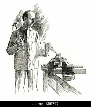 Incisione di un ingegnere lavorando su un blocco di metallo contenuta in una morsa. Da una incisione fatta nel 1880. Foto Stock