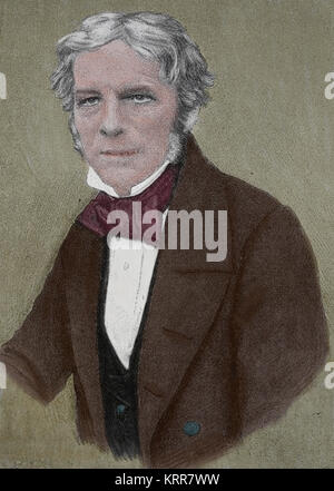 Michael Faraday (1791-1867). Scienziato inglese. Studio elettromagnetismo ed elettrochimica. Incisione, 1883. Foto Stock