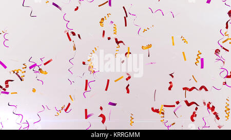 Un elogiativo 3d rendering di coloratissimi coriandoli volteggiando nell'aria in uno sfondo bianco. Essi soar gioiosamente e bagliore con brillantini festosa. Foto Stock