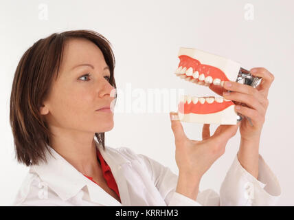 Zahnaerztin mit Gebissmodell - dentista con dentatura Foto Stock