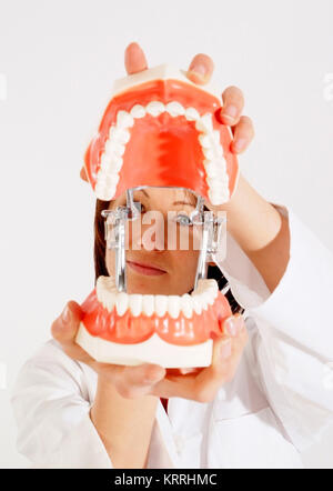 Zahnaerztin mit Gebissmodell - dentista con dentatura Foto Stock