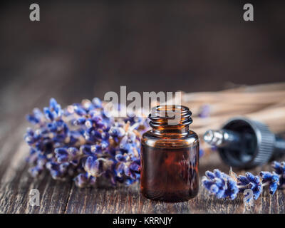 Olio essenziale di lavanda e fiori Foto Stock
